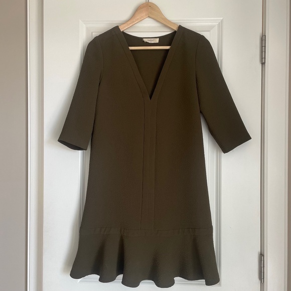ba&sh Olive Green V-Neck Mini Orest Dress with Sleeves (Size 0 / XS / FR 34) EUC - Picture 1 of 5
